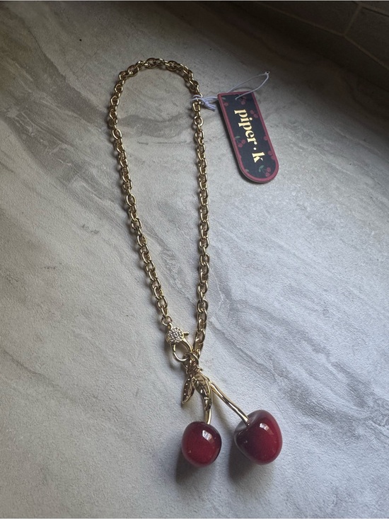 Piper Jewelry - NWT Piper Gold 18” Necklace with Red Cherry Pendants & Rhinestone Clasp -🍒
